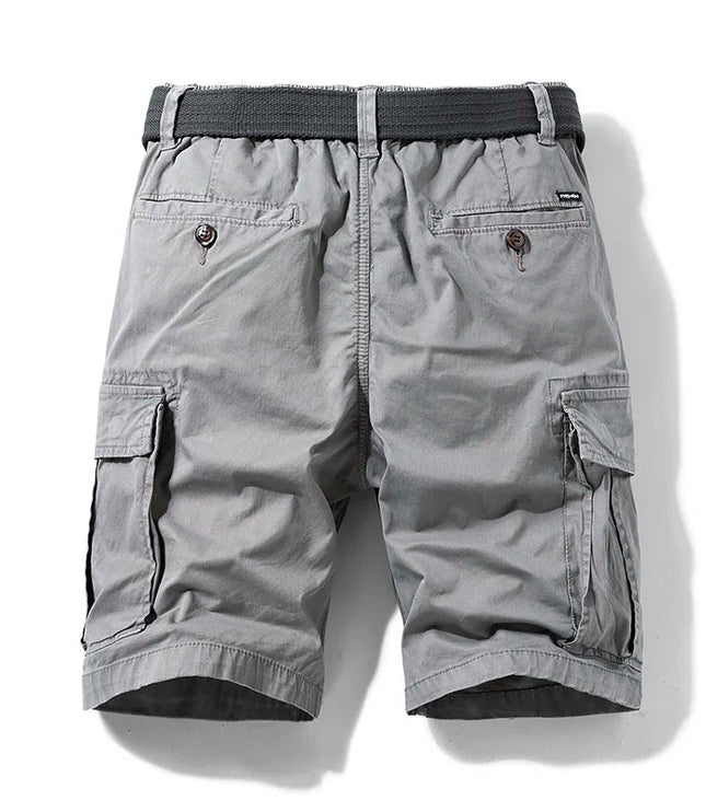 Light gray cargo shorts back view showing cargo pockets and belt
