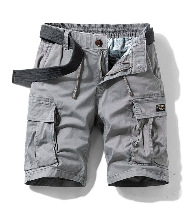 Gray cargo shorts front view with webbed belt and side pockets