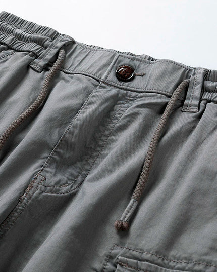Close-up of cargo shorts waistband showing elastic and drawstring detail