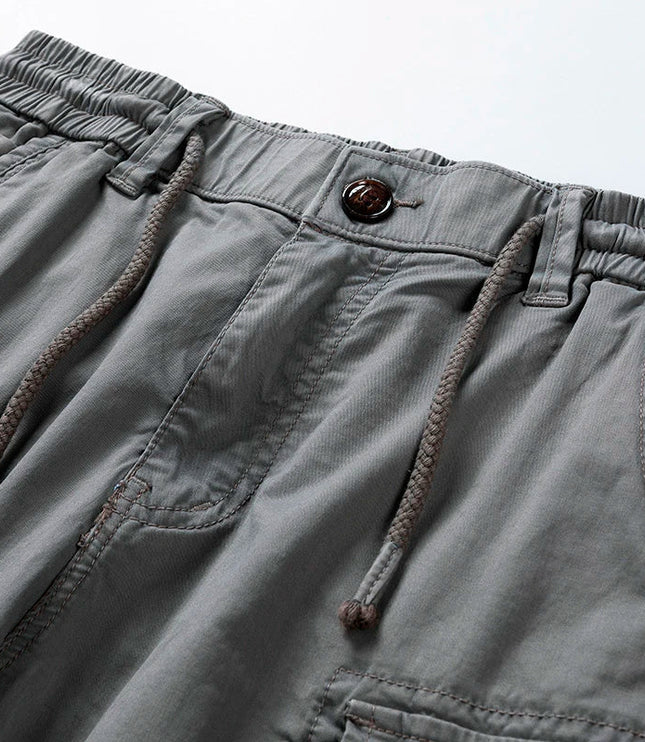 Close-up of cargo shorts waistband showing elastic and drawstring detail