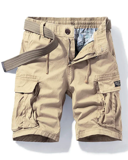 Beige cargo shorts with belt, multiple pockets, and knee-length cut