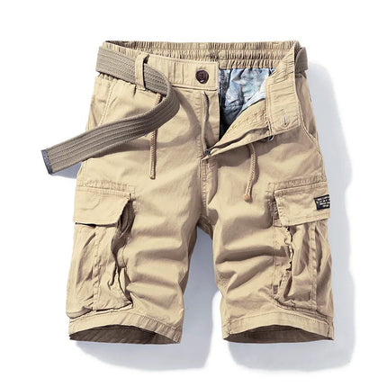 Beige cargo shorts with belt, multiple pockets, and knee-length cut