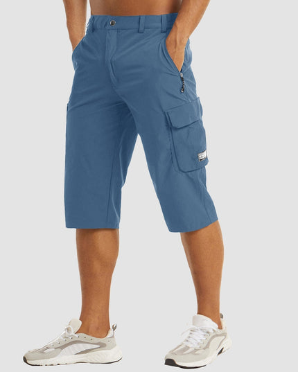 Blue cargo pocket shorts knee length with visible cargo pockets