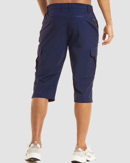 Back view of navy cargo shorts with flap pockets at knee length