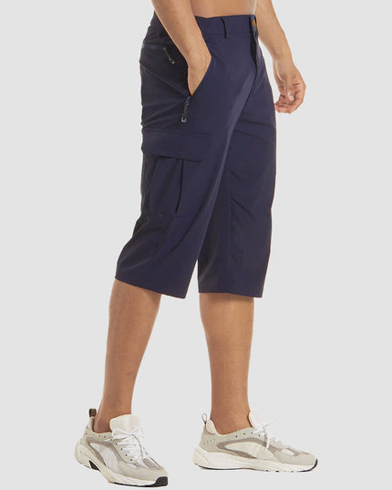 Side view navy cargo pocket shorts with zip fly and knee-length cut