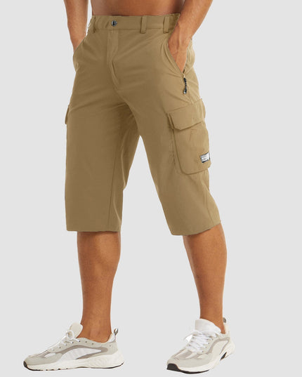 Khaki cargo pocket shorts knee length with visible cargo pockets