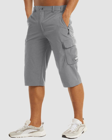 Gray cargo pocket knee shorts with side utility pockets