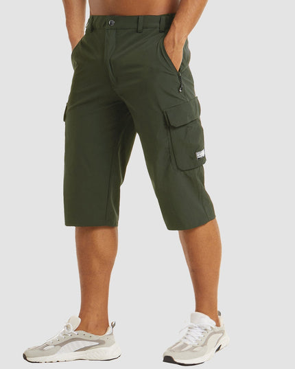 Olive green cargo pocket knee shorts with flap side pockets