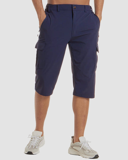Navy cargo pocket knee length shorts front view with side pockets