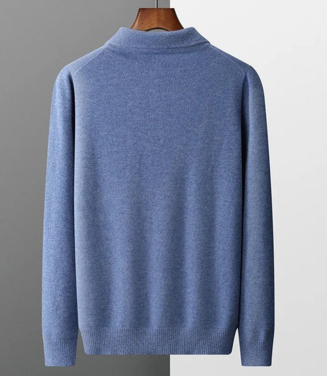 Men's Cashmere Polo Knit Sweater Long Sleeve Button Collar Pullover
