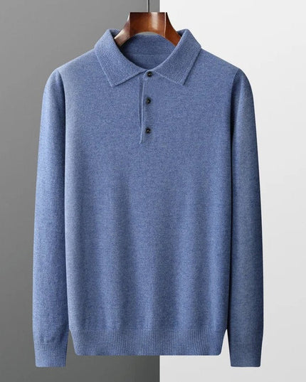 Men's Cashmere Polo Knit Sweater Long Sleeve Button Collar Pullover