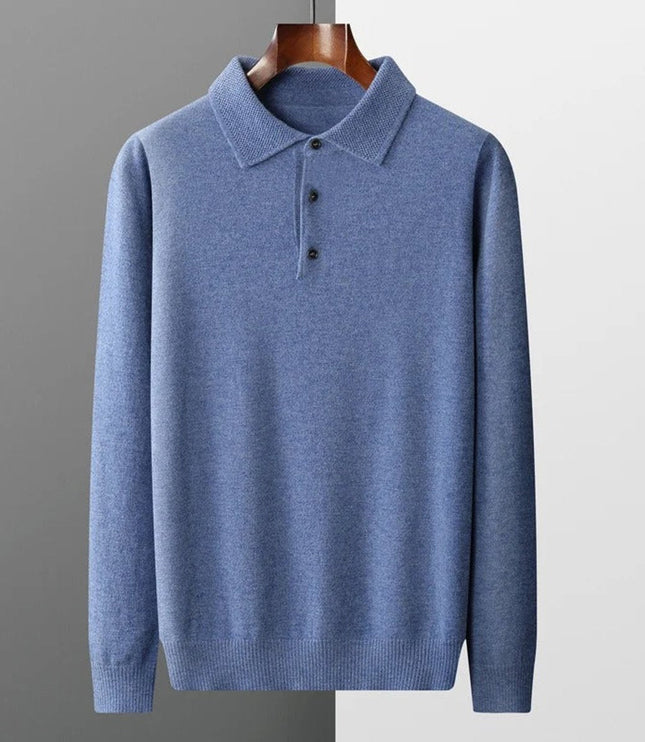 Men's Cashmere Polo Knit Sweater Long Sleeve Button Collar Pullover