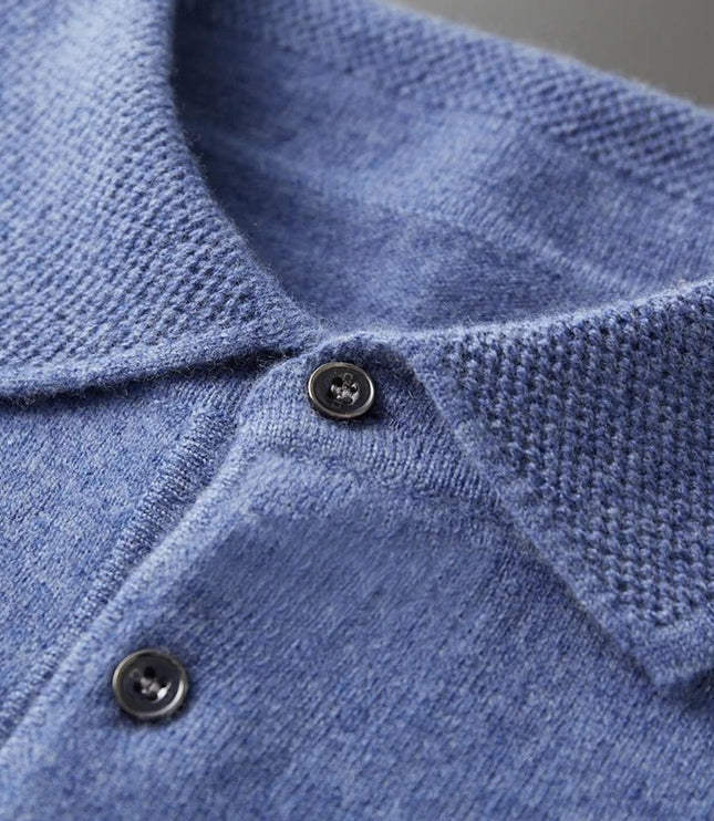 Men's Cashmere Polo Knit Sweater Long Sleeve Button Collar Pullover