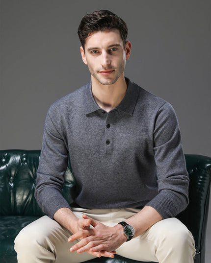 Men's Cashmere Polo Knit Sweater Long Sleeve Button Collar Pullover