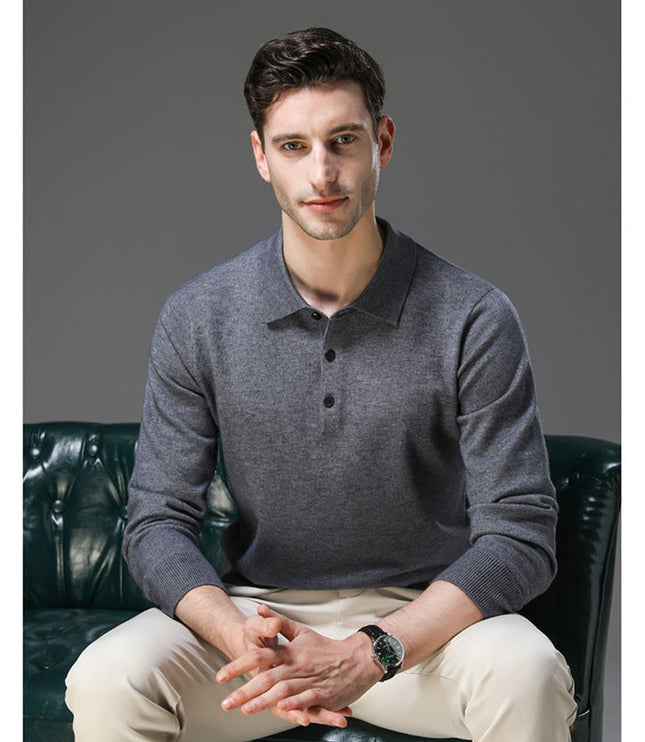 Men's Cashmere Polo Knit Sweater Long Sleeve Button Collar Pullover