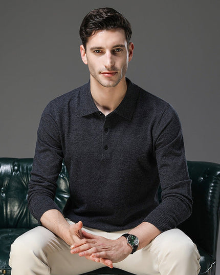 Men's Cashmere Polo Knit Sweater Long Sleeve Button Collar Pullover