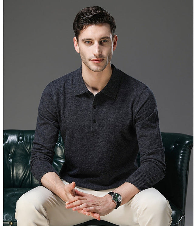 Men's Cashmere Polo Knit Sweater Long Sleeve Button Collar Pullover