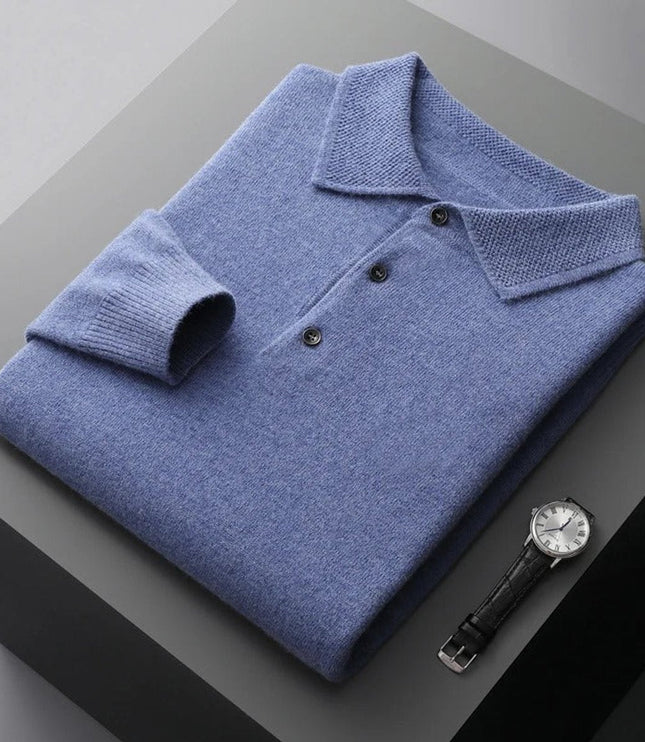 Men's Cashmere Polo Knit Sweater Long Sleeve Button Collar Pullover - Blue