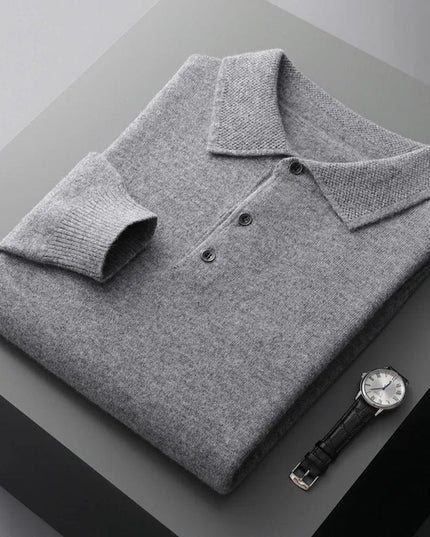 Men's Cashmere Polo Knit Sweater Long Sleeve Button Collar Pullover - Gray