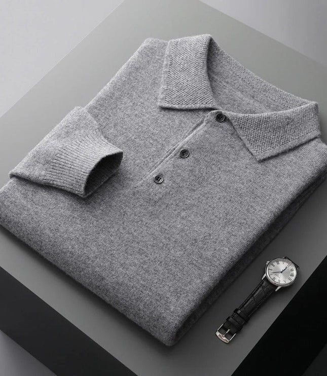 Men's Cashmere Polo Knit Sweater Long Sleeve Button Collar Pullover - Gray