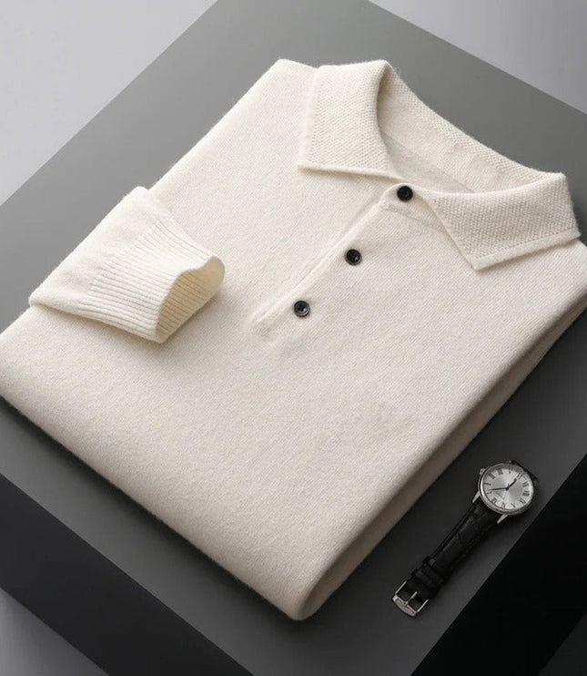 Men's Cashmere Polo Knit Sweater Long Sleeve Button Collar Pullover - White