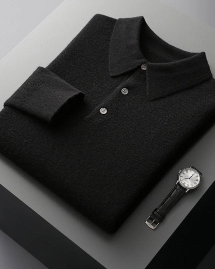 Men's Cashmere Polo Knit Sweater Long Sleeve Button Collar Pullover - Black