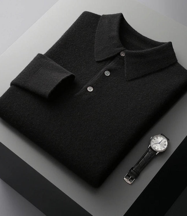 Men's Cashmere Polo Knit Sweater Long Sleeve Button Collar Pullover - Black