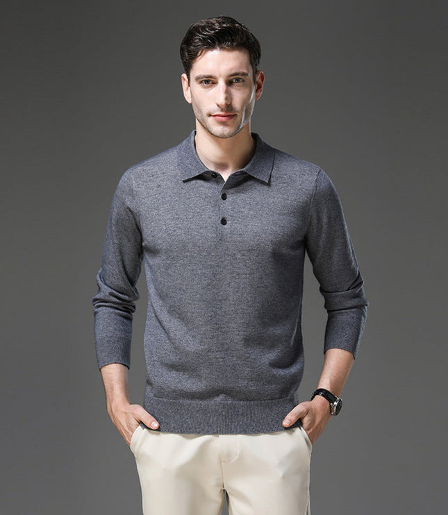 Men's Cashmere Polo Knit Sweater Long Sleeve Button Collar Pullover