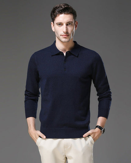 Men's Cashmere Polo Knit Sweater Long Sleeve Button Collar Pullover