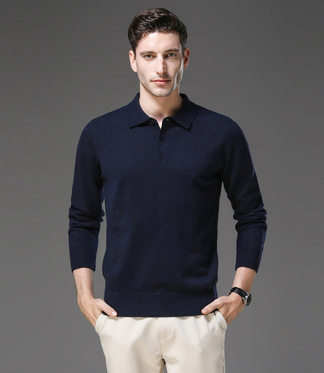 Men's Cashmere Polo Knit Sweater Long Sleeve Button Collar Pullover
