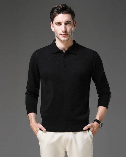 Men's Cashmere Polo Knit Sweater Long Sleeve Button Collar Pullover