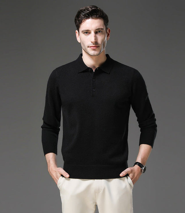 Men's Cashmere Polo Knit Sweater Long Sleeve Button Collar Pullover