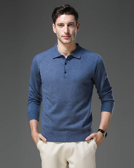 Men's Cashmere Polo Knit Sweater Long Sleeve Button Collar Pullover