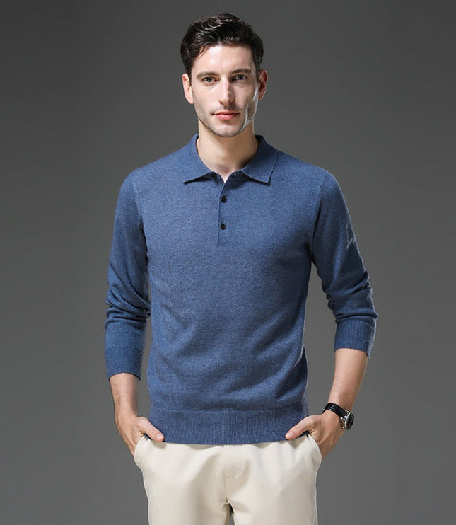 Men's Cashmere Polo Knit Sweater Long Sleeve Button Collar Pullover