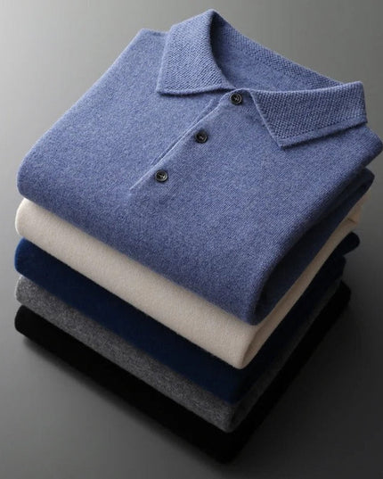 Men's Cashmere Polo Knit Sweater Long Sleeve Button Collar Pullover