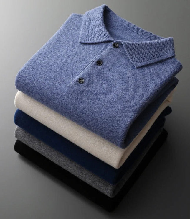 Men's Cashmere Polo Knit Sweater Long Sleeve Button Collar Pullover
