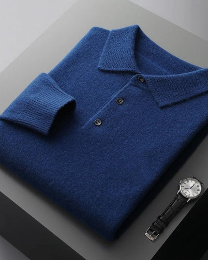 Men's Cashmere Polo Knit Sweater Long Sleeve Button Collar Pullover - Navy Blue
