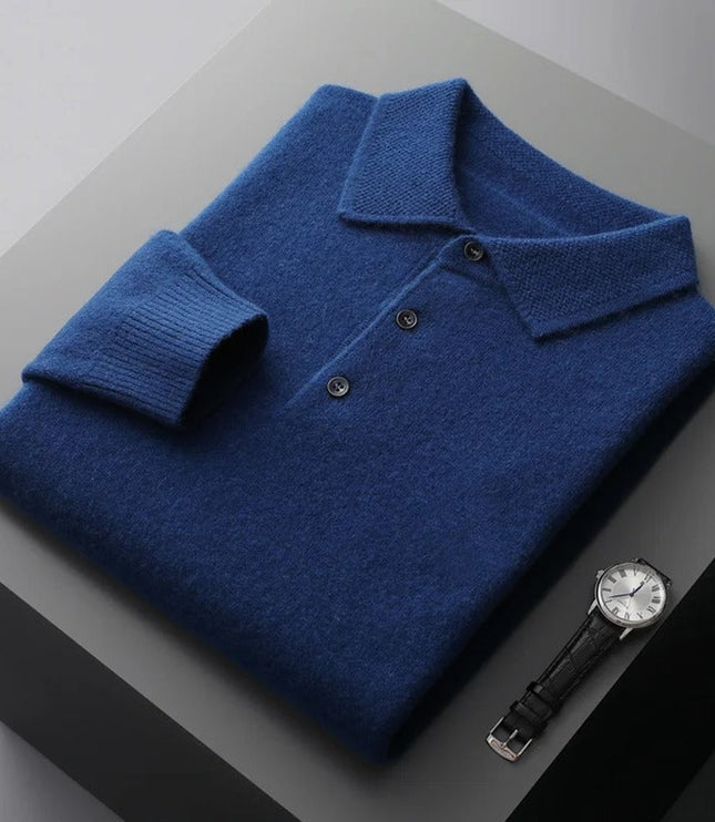 Men's Cashmere Polo Knit Sweater Long Sleeve Button Collar Pullover - Navy Blue
