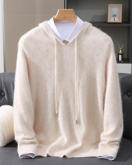 Men's Cashmere Hooded Pullover Knit Sweater - Cream