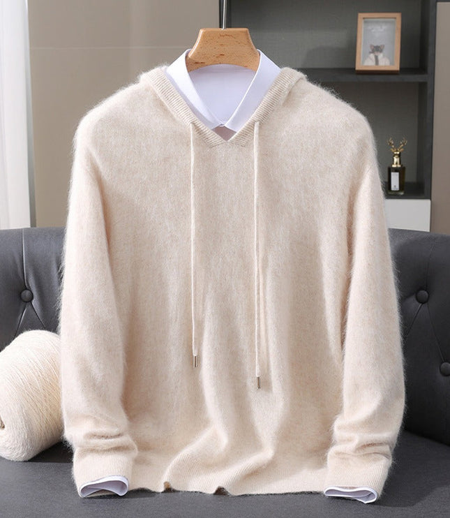 Men's Cashmere Hooded Pullover Knit Sweater - Cream