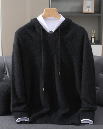 Men's Cashmere Hooded Pullover Knit Sweater - Black