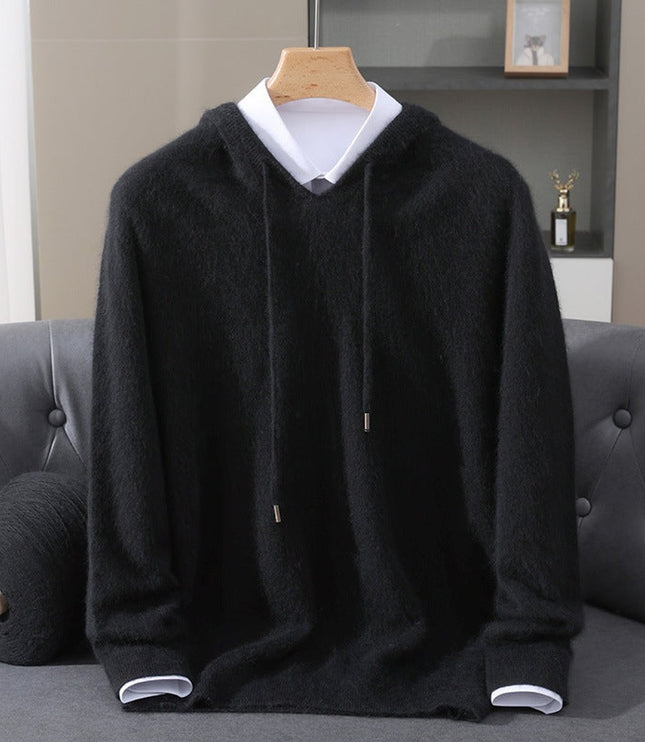 Men's Cashmere Hooded Pullover Knit Sweater - Black