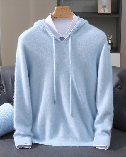 Men's Cashmere Hooded Pullover Knit Sweater - Blue