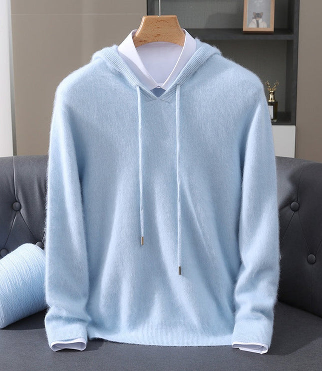 Men's Cashmere Hooded Pullover Knit Sweater - Blue