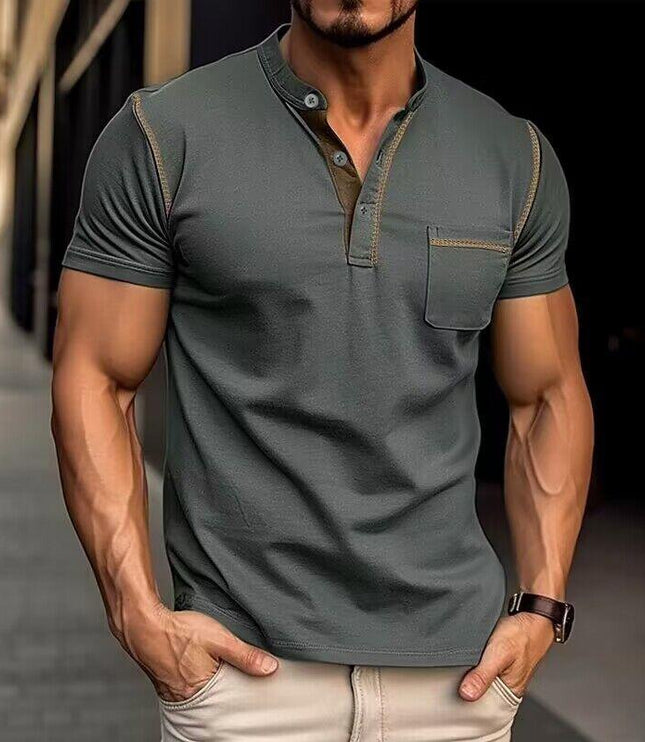 Chemise décontractée Henley pour homme à manches courtes avec poche poitrine