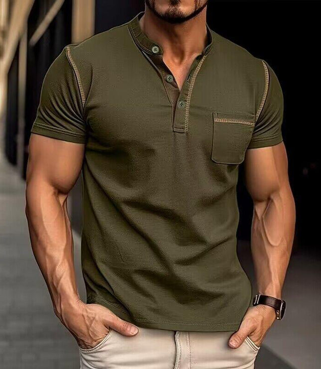 Chemise décontractée Henley pour homme à manches courtes avec poche poitrine