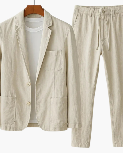 Beige casual blazer with patch pockets and straight-leg trouser with drawstring