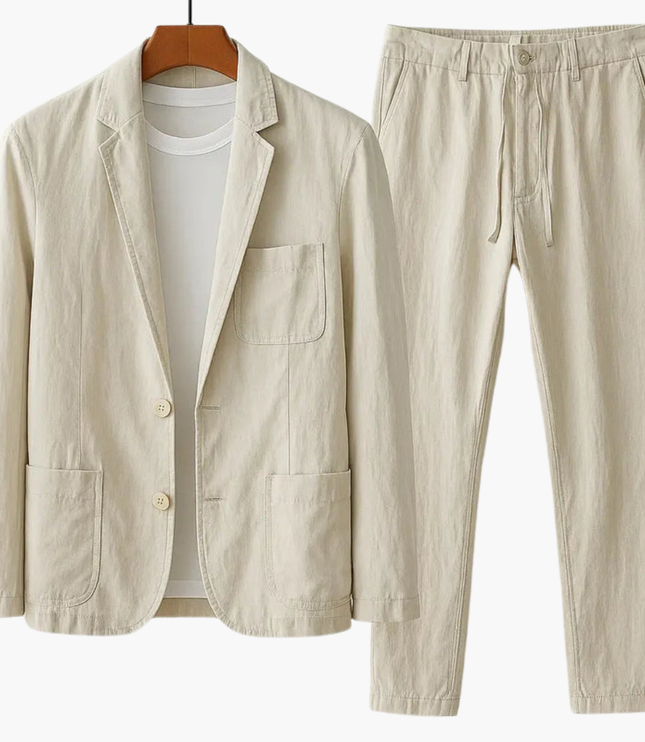 Beige casual blazer with patch pockets and straight-leg trouser with drawstring