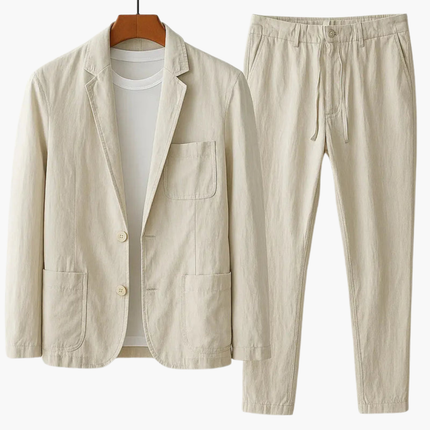 Beige casual blazer with patch pockets and straight-leg trouser with drawstring