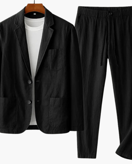 Black linen-blend two-piece suit set with notched collar and drawstring pants